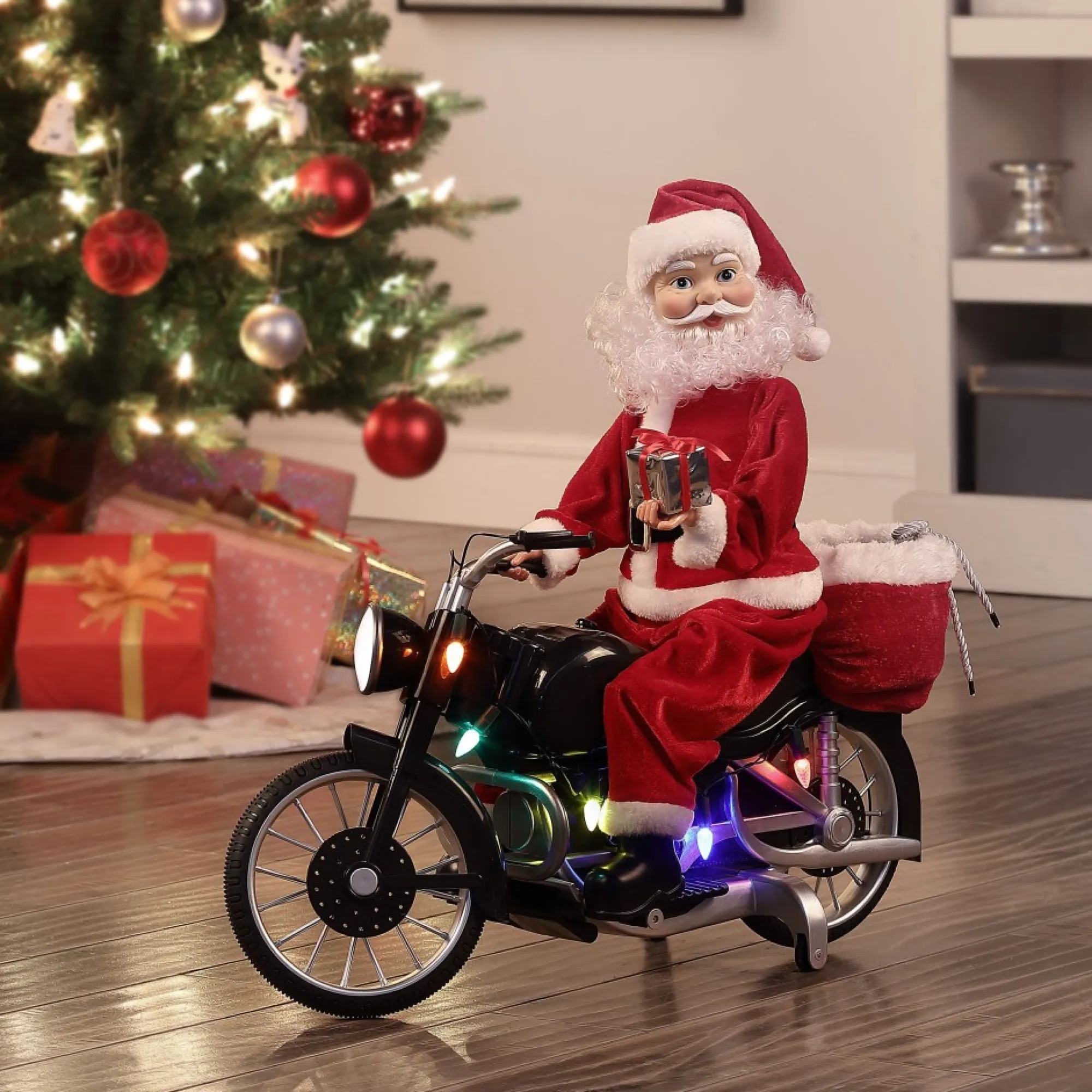 Mr. Christmas Musical Decor>20" Animated Motorcycling Santa - White