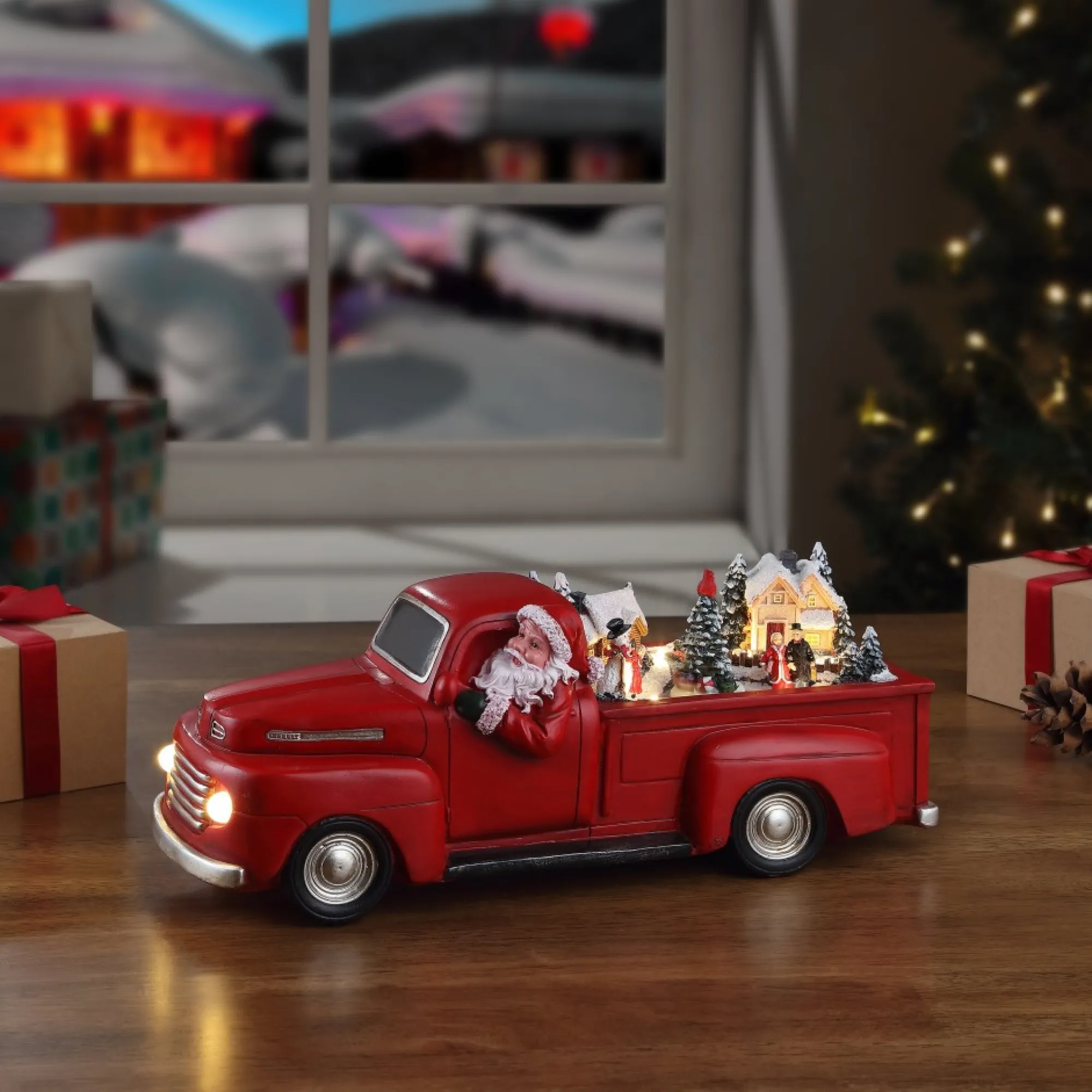 Mr. Christmas Musical Decor>14" Animated Nostalgic Red Truck - White Santa