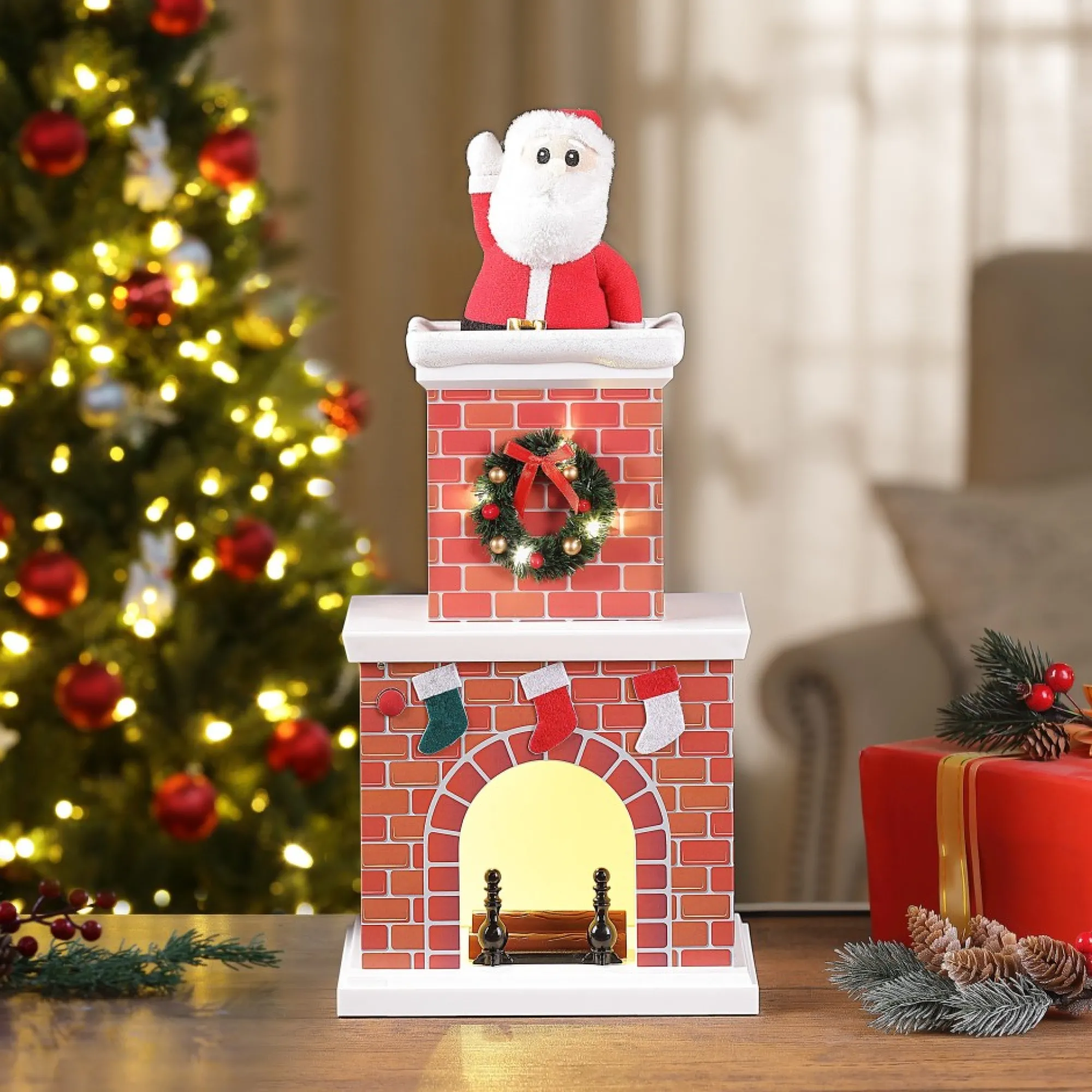 Mr. Christmas Musical Decor>16" Animated Santa In Chimney - White