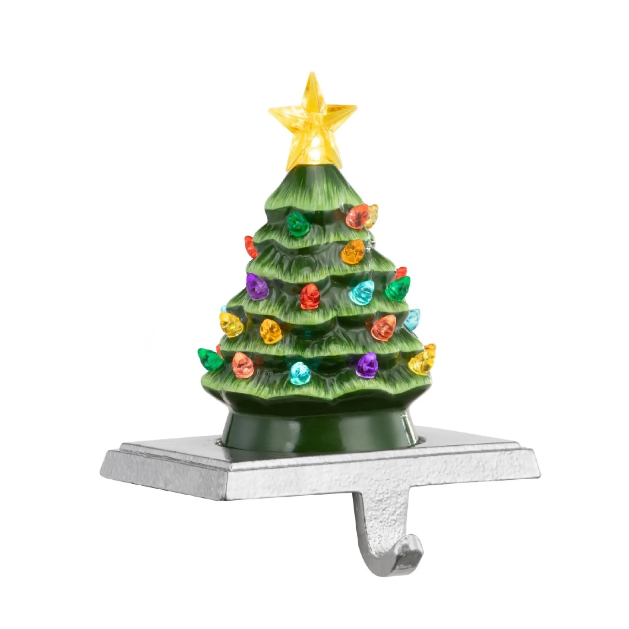 Mr. Christmas Green Ceramic Trees>5" Illuminated Ceramic Stocking Hanger - Green Tree