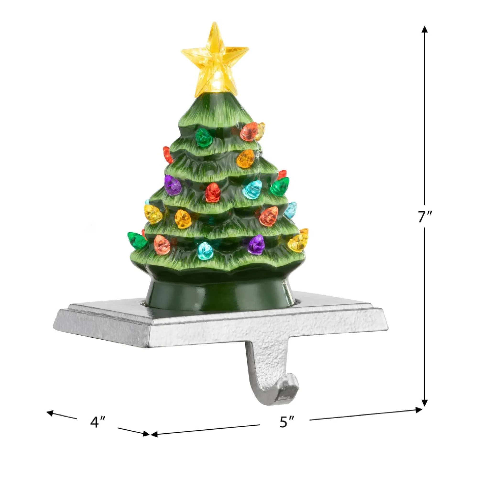 Mr. Christmas Green Ceramic Trees>5" Illuminated Ceramic Stocking Hanger - Green Tree