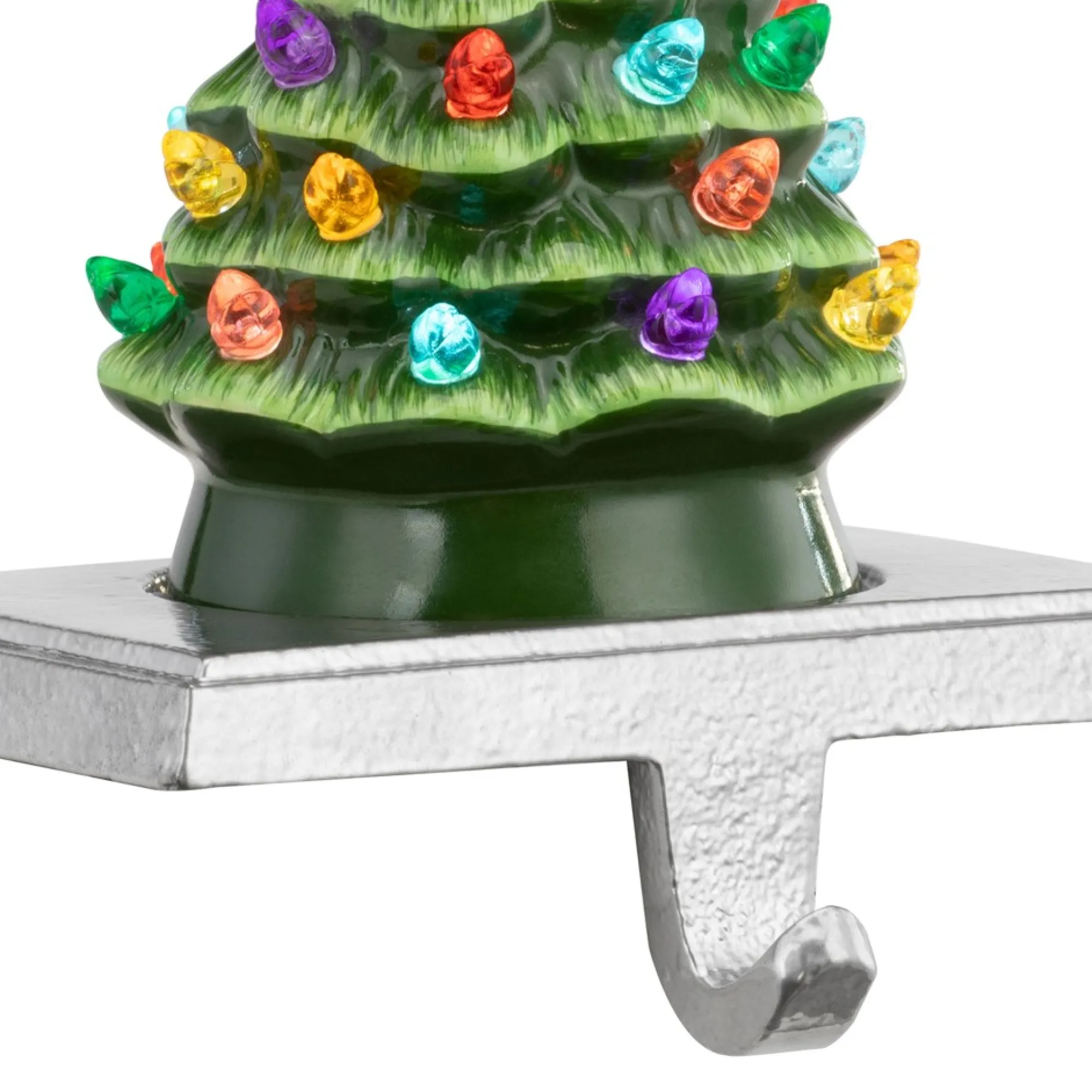 Mr. Christmas Green Ceramic Trees>5" Illuminated Ceramic Stocking Hanger - Green Tree