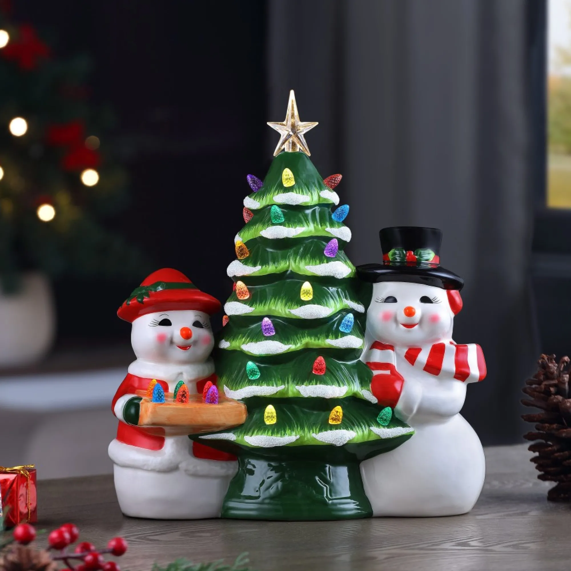 Mr. Christmas Character Trees>12" Mr & Mrs Snowman Nostalgic Ceramic Tree