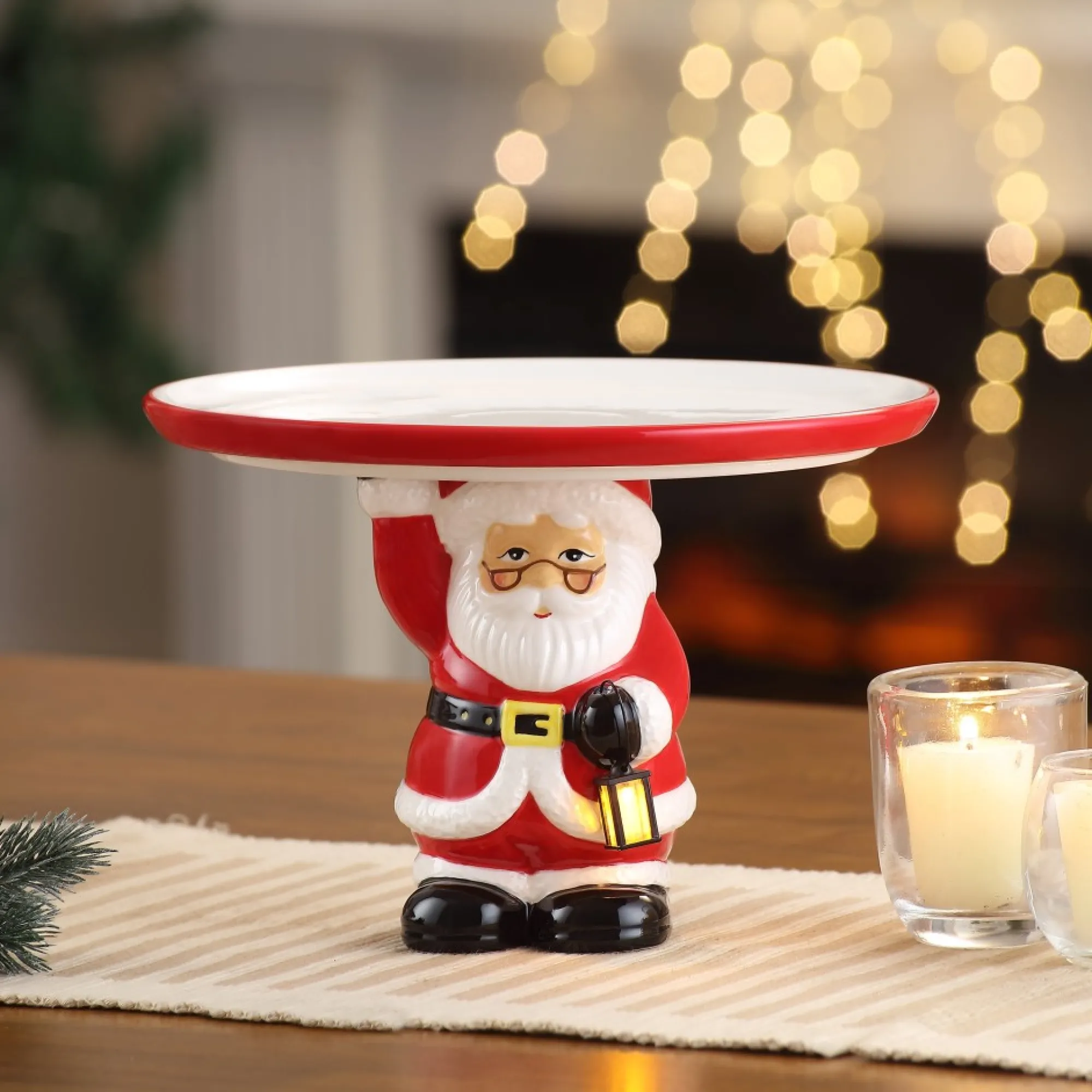 Mr. Christmas Plates & Platters>10" Nostalgic Ceramic Cake Plate - White Santa