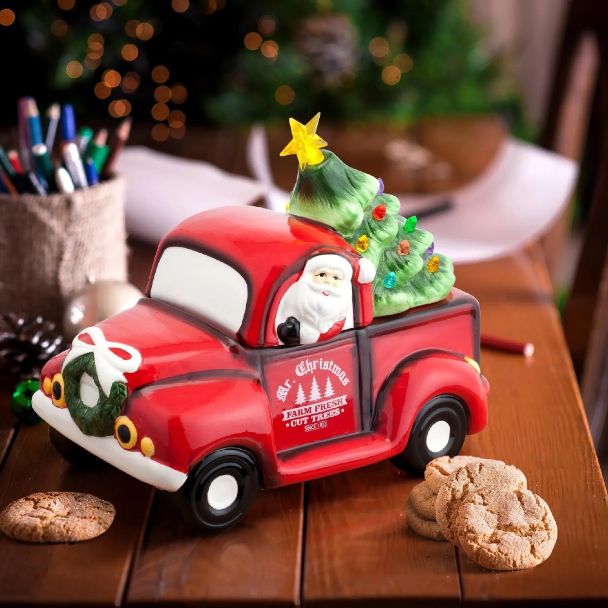 Mr. Christmas Cookie Jars>10.5" Nostalgic Ceramic Lit Truck Cookie Jar