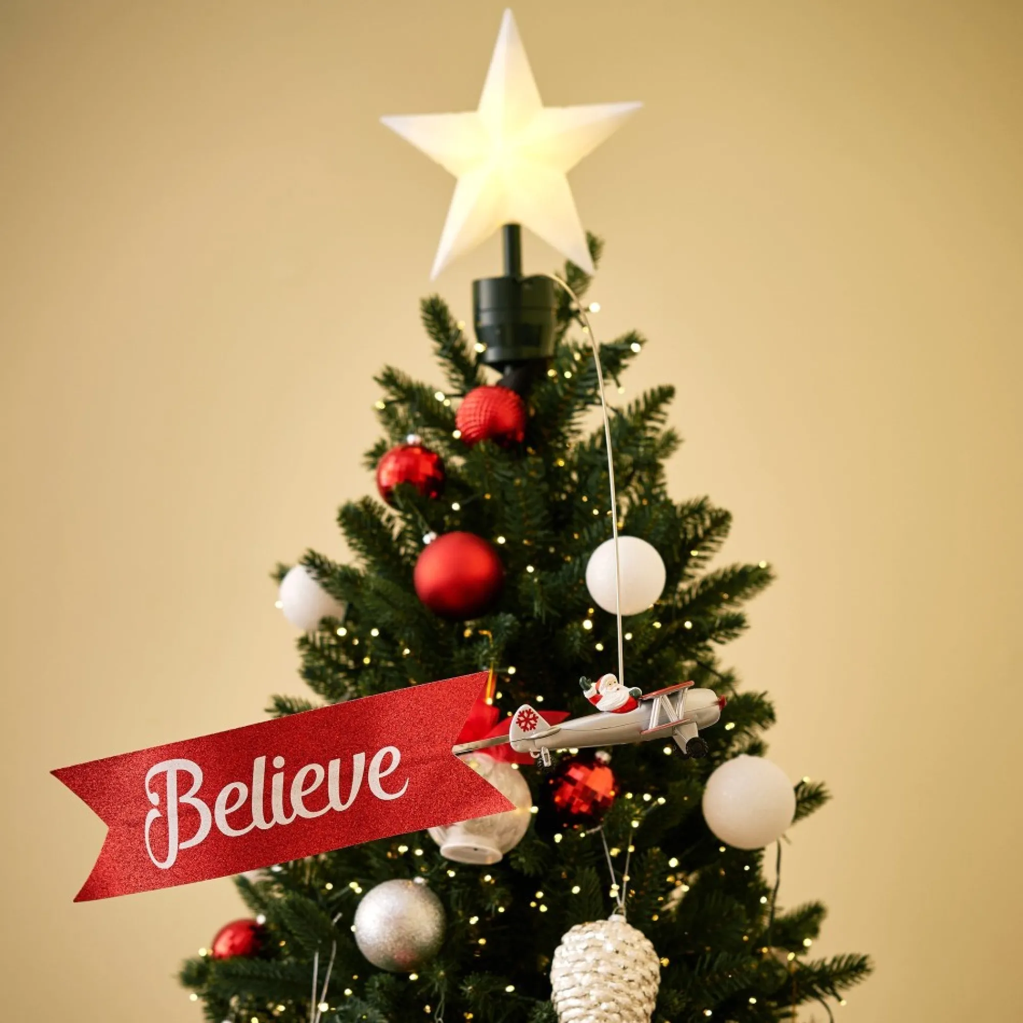 Mr. Christmas Tree Toppers>Animated Biplane Tree Topper With Banner - White Santa