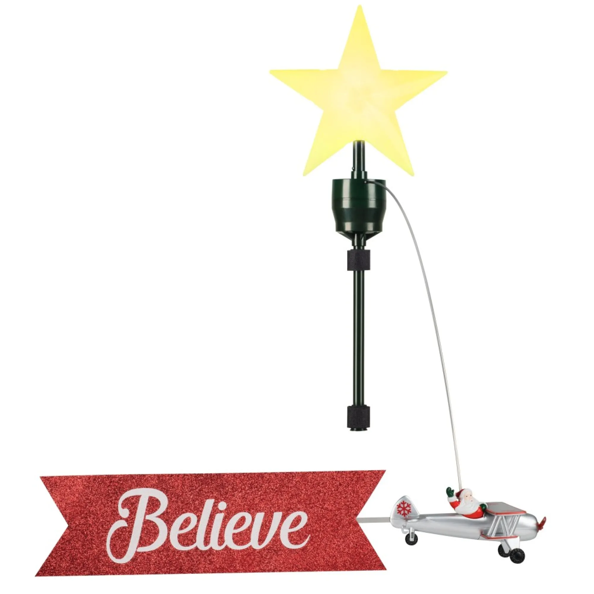 Mr. Christmas Tree Toppers>Animated Biplane Tree Topper With Banner - White Santa
