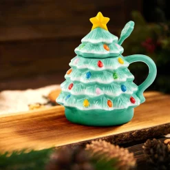 Mr. Christmas Mugs>Nostalgic Ceramic Tree Lidded Mug With Spoon - Seafoam