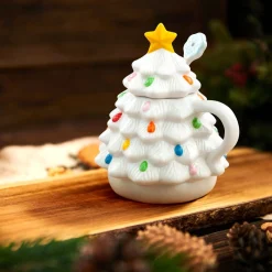 Mr. Christmas Mugs>Nostalgic Ceramic Tree Lidded Mug With Spoon - White