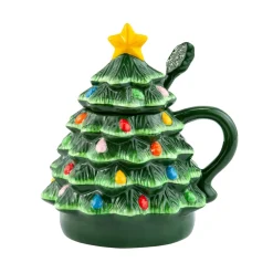 Mr. Christmas Mugs>Nostalgic Ceramic Tree Lidded Mug With Spoon - Green