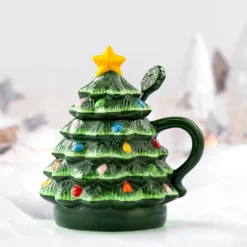 Mr. Christmas Mugs>Nostalgic Ceramic Tree Lidded Mug With Spoon - Green