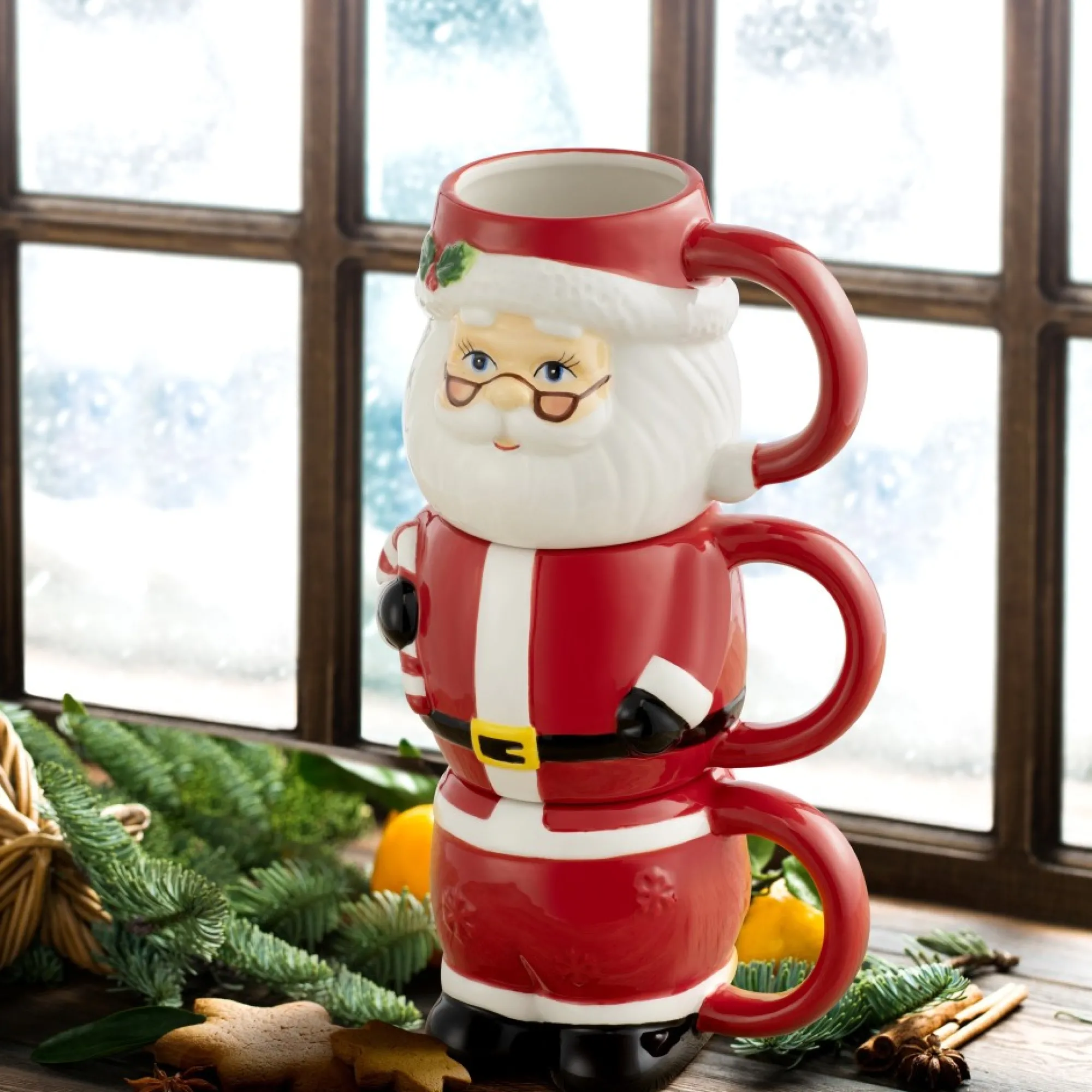 Mr. Christmas Mugs>12Oz Set Of 3 Ceramic Stacking Mugs - Santa