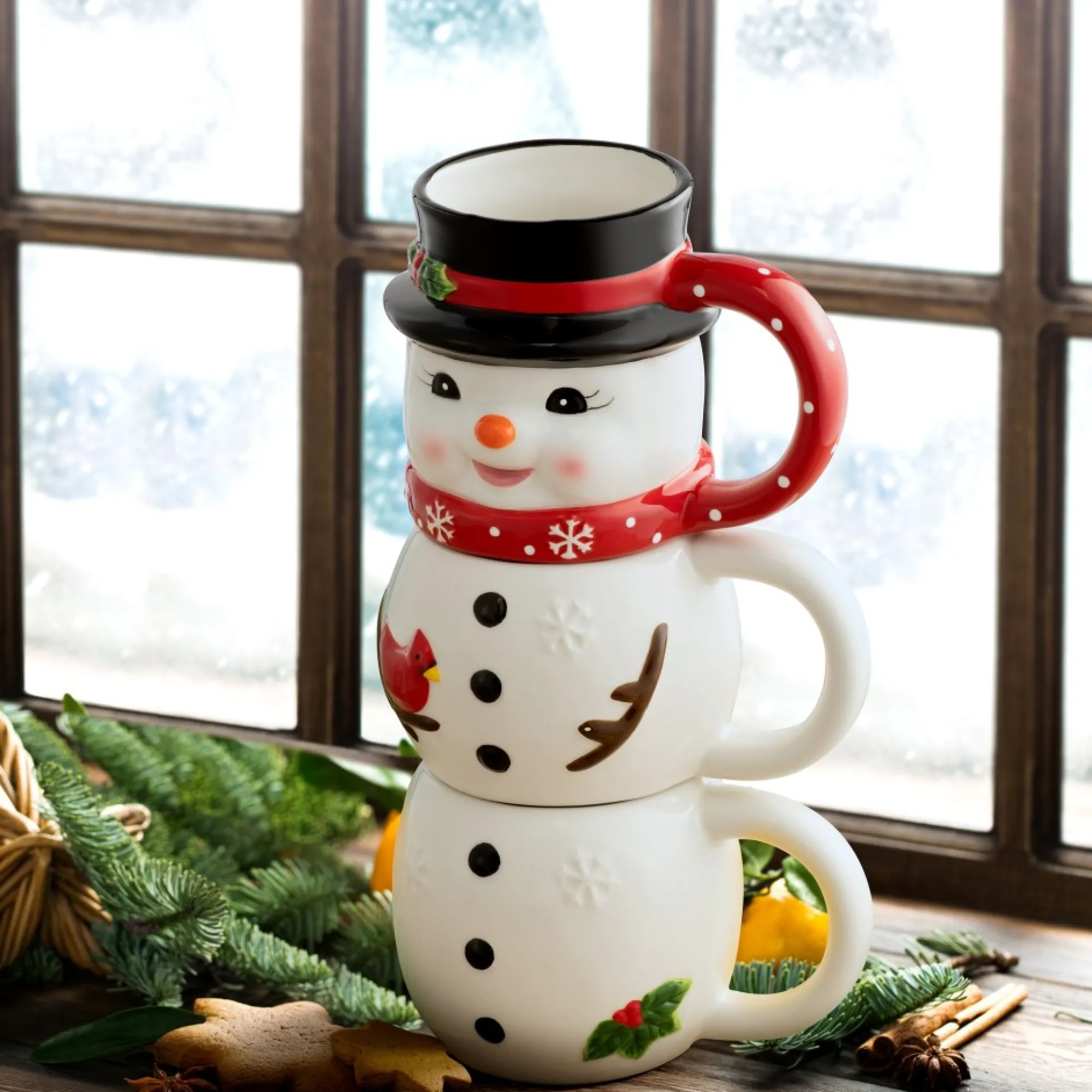 Mr. Christmas Mugs>12Oz Set Of 3 Ceramic Stacking Mugs - Snowman